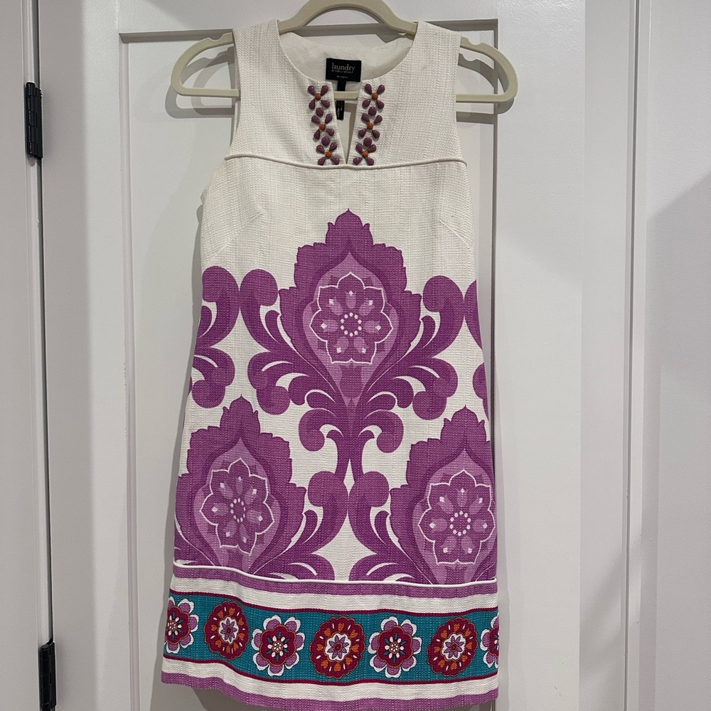 Laundry By Shelli Segal White Dress with Purple Embroidery and Teal Trim